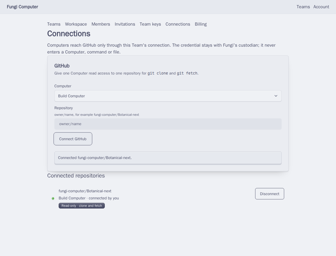 The Connections page with a GitHub card and one connected repository marked Read-only, clone and fetch.