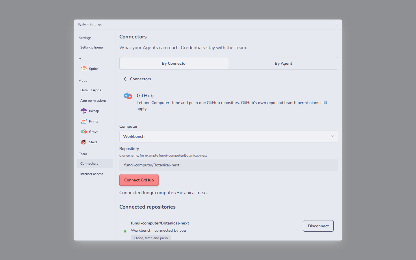 GitHub in System Settings, with one connected repository.