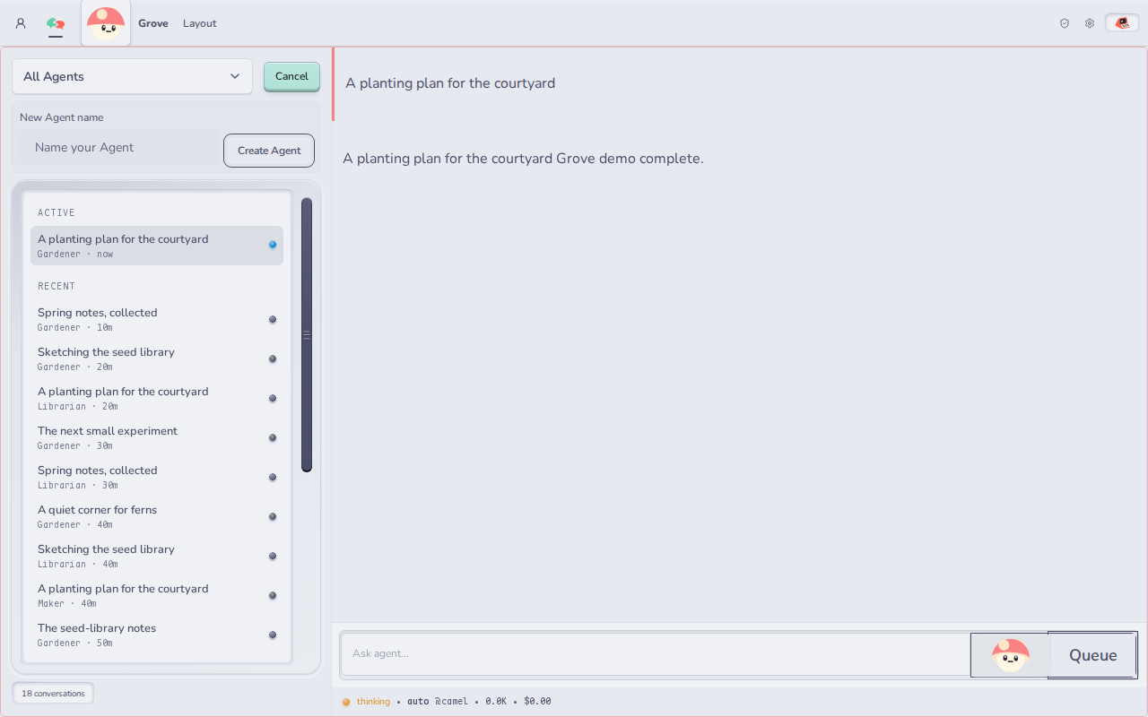 Grove with the New Agent name field open above the conversation list.