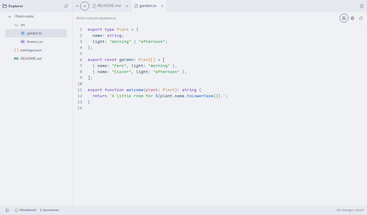 Inkcap showing a file tree on the left and an open file on the right.